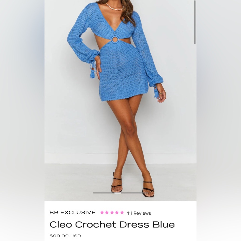 Beginning Boutique Blue Crochet Long Sleeve Dress